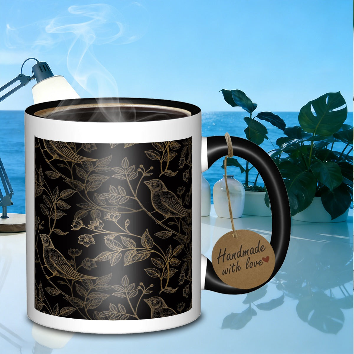 Tailorly Black Accent 11 oz Mug - birds and leaves