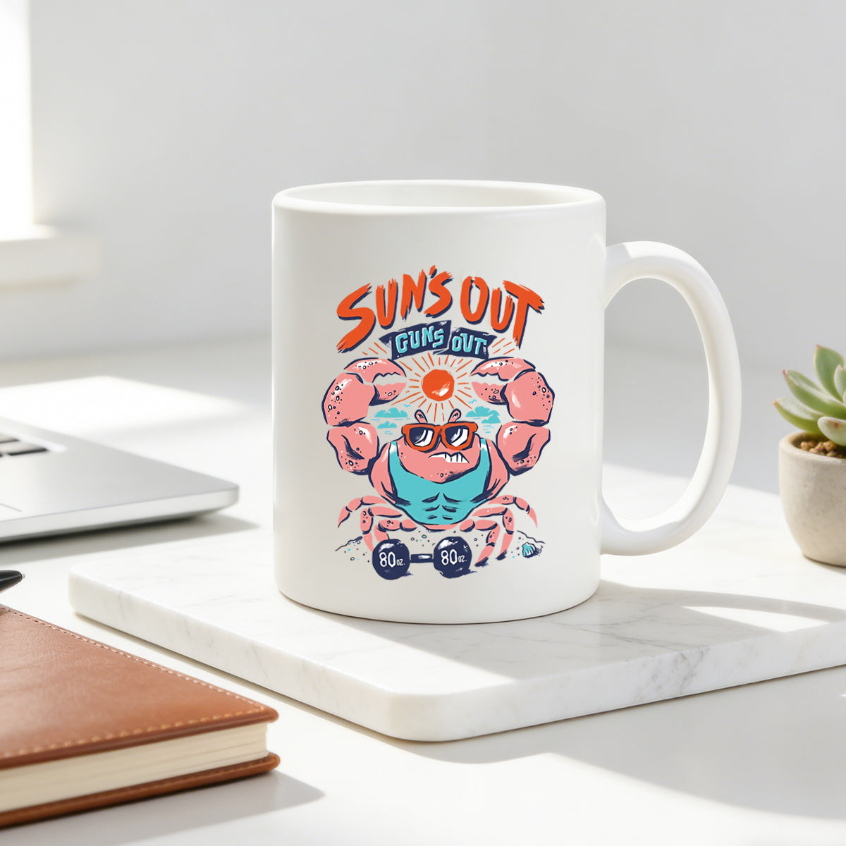 Tailorly White Ceramic 11 oz Mug - funny muscle crab with "suns out" text