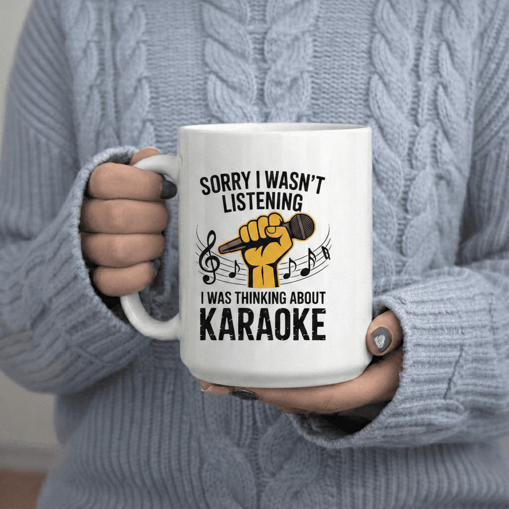 Tailorly White Ceramic 11 oz Mug - Sorry I T Listening I Was Thinking about Karaoke text