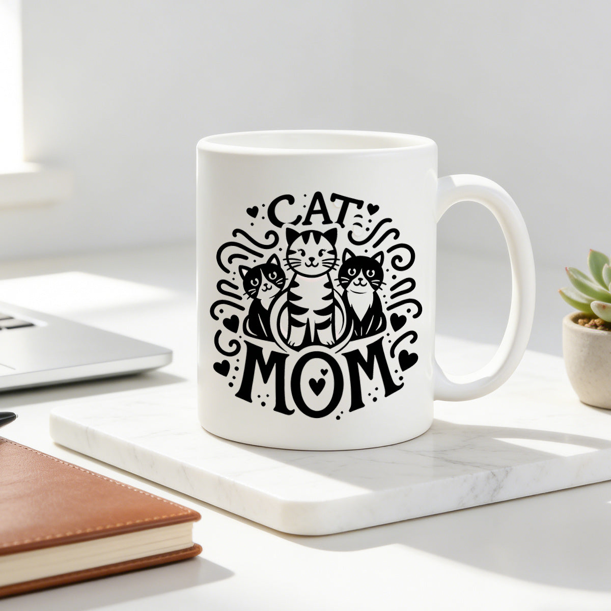 Tailorly White Ceramic 11 oz Mug - cat mom with hearts design