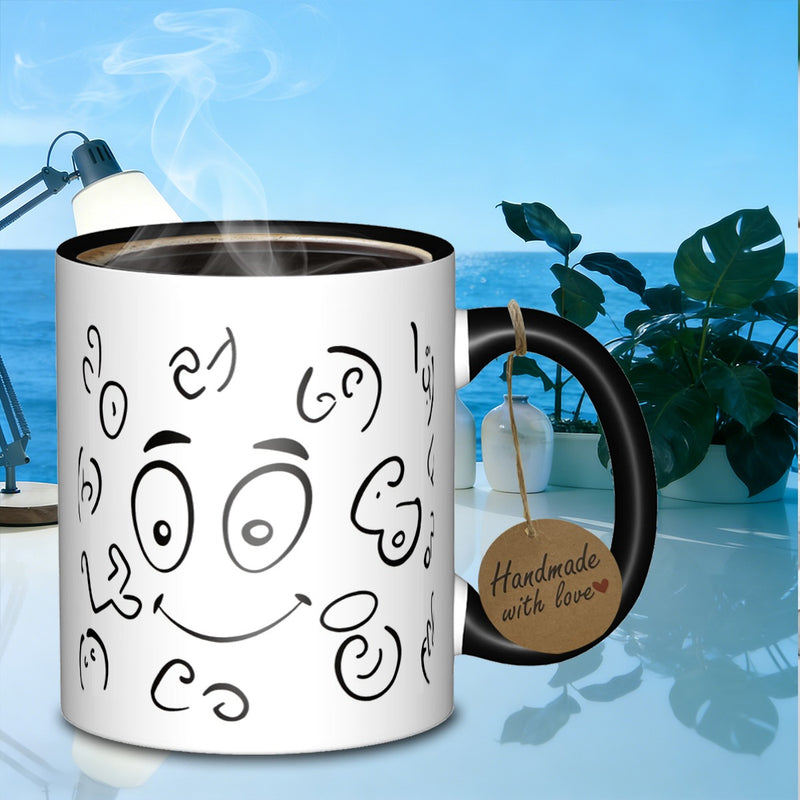 Tailorly Black Accent 11 oz Mug - cartoon face with doodles