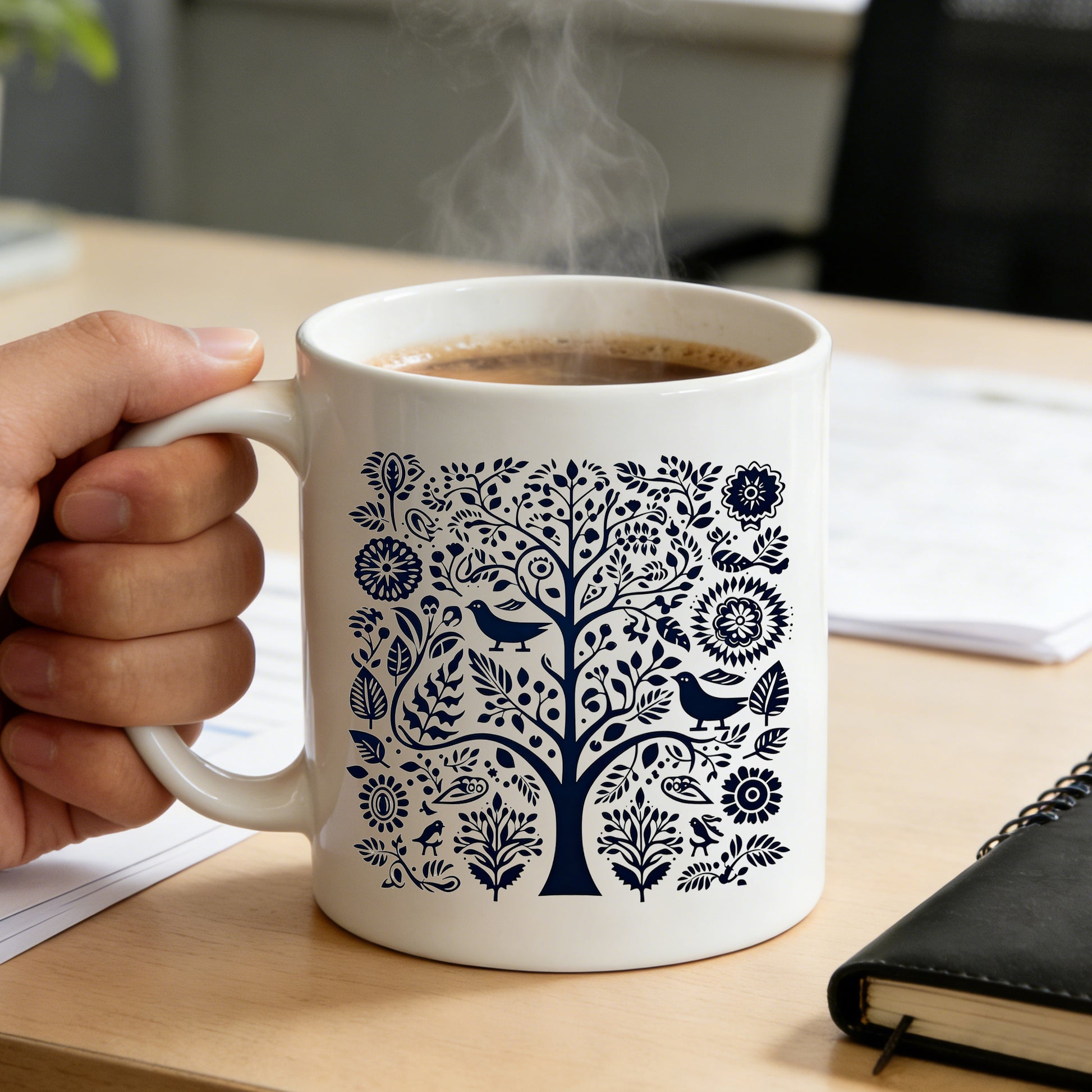 Tailorly White Ceramic 11 oz Mug - scandinavian tree with floral bird print