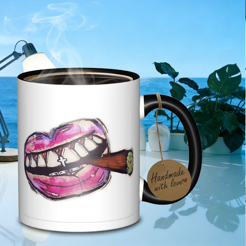 Tailorly Black Accent 11 oz Mug - lips with smoking object