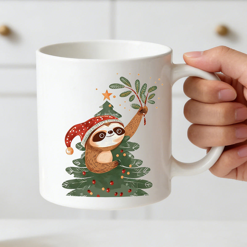 Tailorly White Ceramic 11 oz Mug - christmas sloth with tree