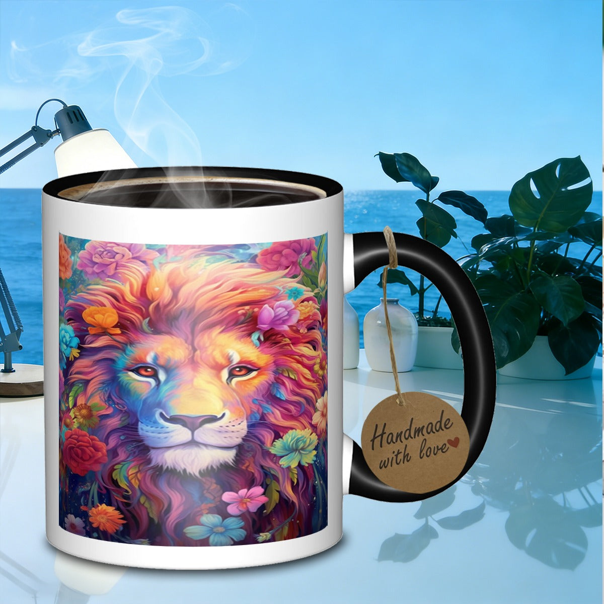 Tailorly Black Accent 11 oz Mug - colorful floral lion portrait