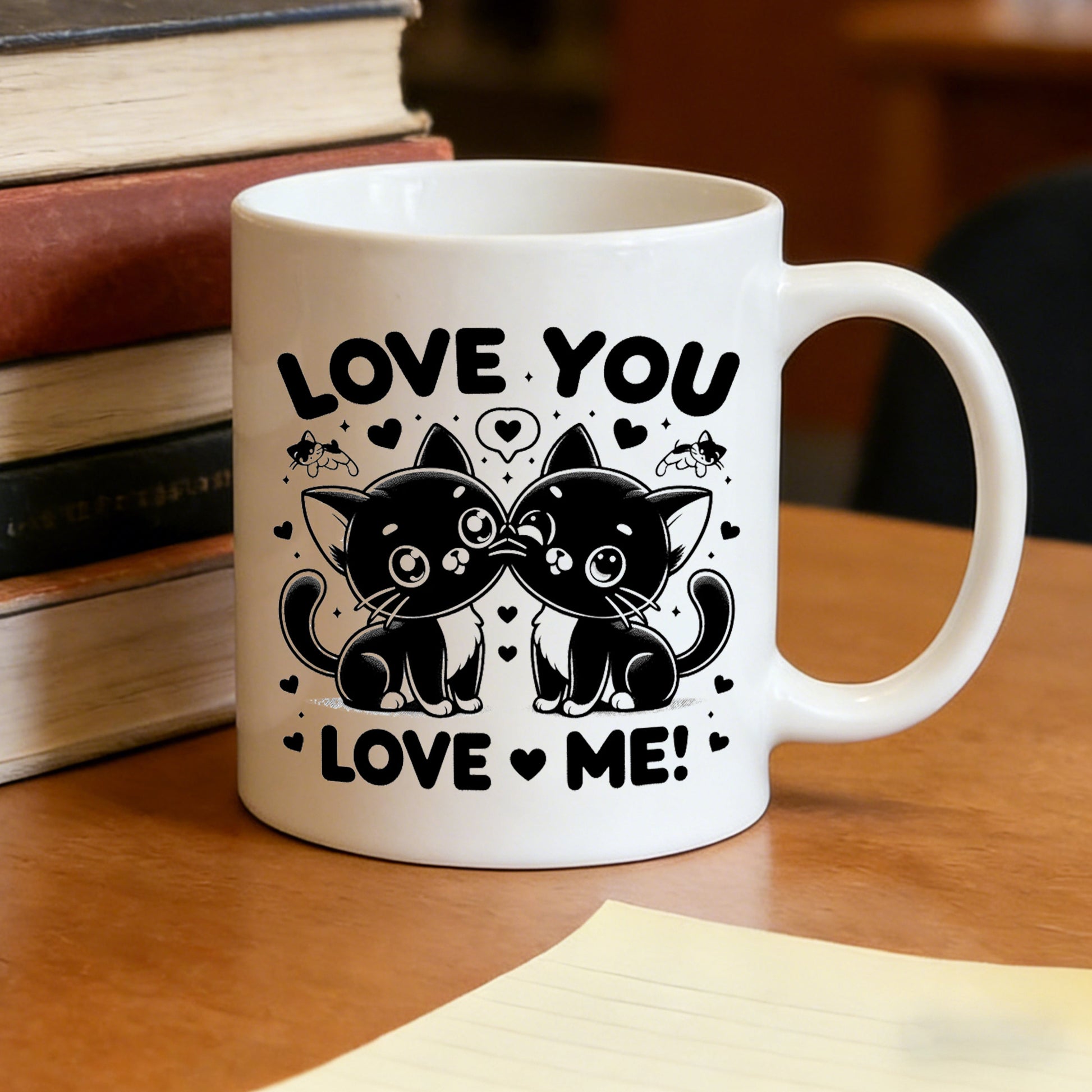 Tailorly White Ceramic 11 oz Mug - black cat pair with "i love" text