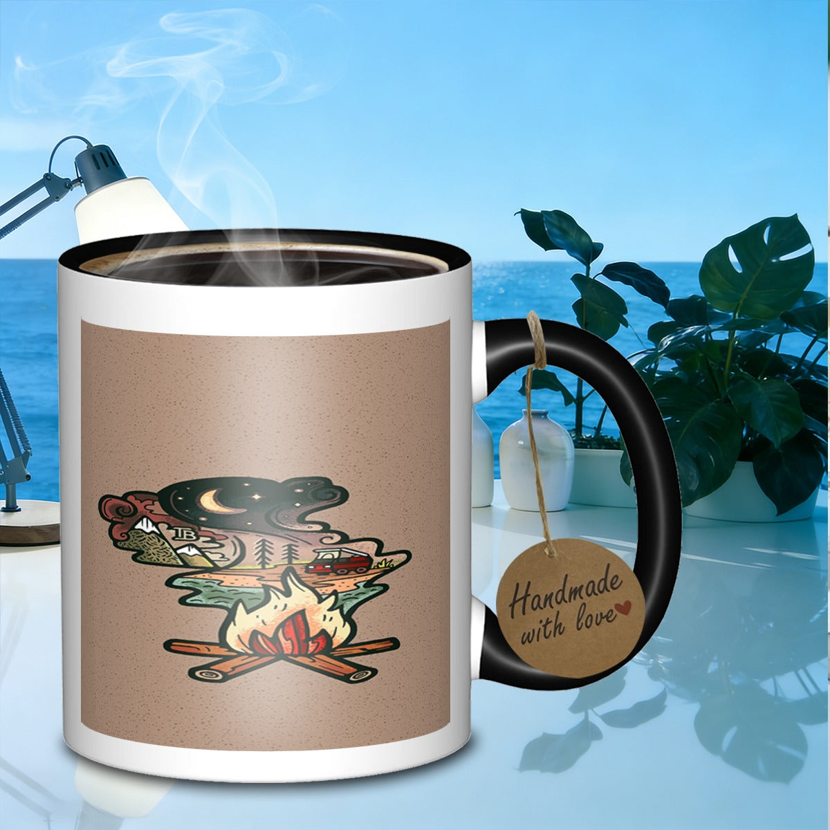 Tailorly Black Accent 11 oz Mug - camping bonfire landscape scene