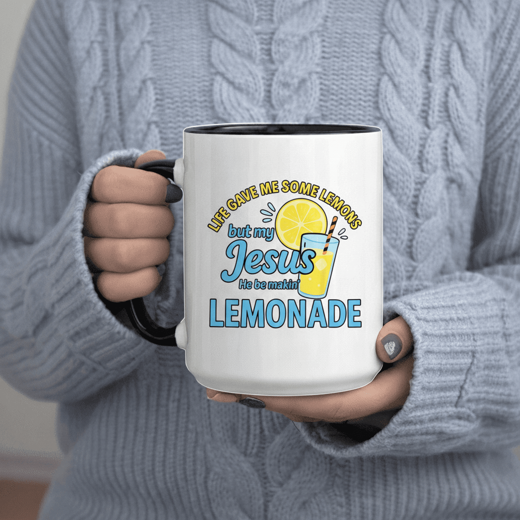 Tailorly Black Accent 11 oz Mug - Life gave me some lemons but my he be lemonade text and lemon illustration