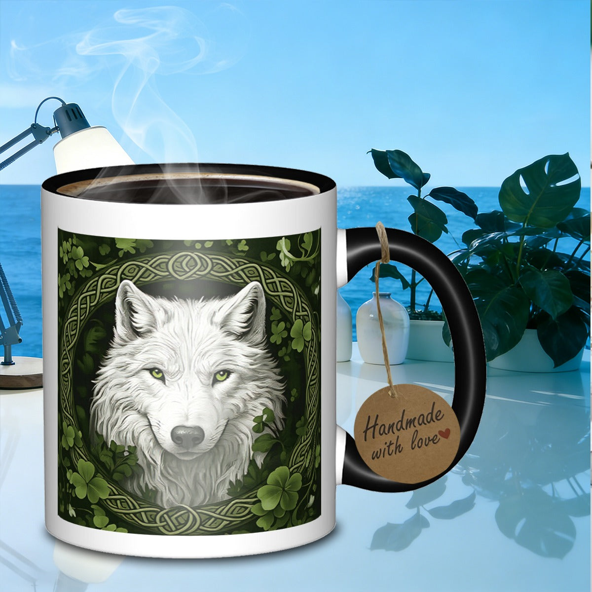 Tailorly Black Accent 11 oz Mug - white wolf and shamrocks