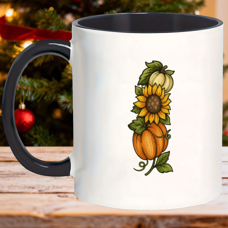Tailorly Black Accent 11 oz Mug - pumpkins and sunflowers autumn design