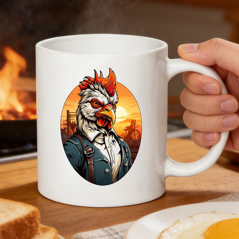 Tailorly White Ceramic 11 oz Mug - industrial rooster portrait