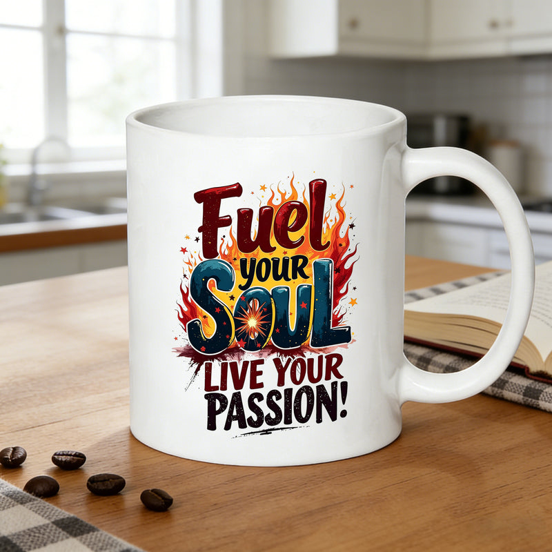 Tailorly White Ceramic 11 oz Mug - flame text "live your passion"