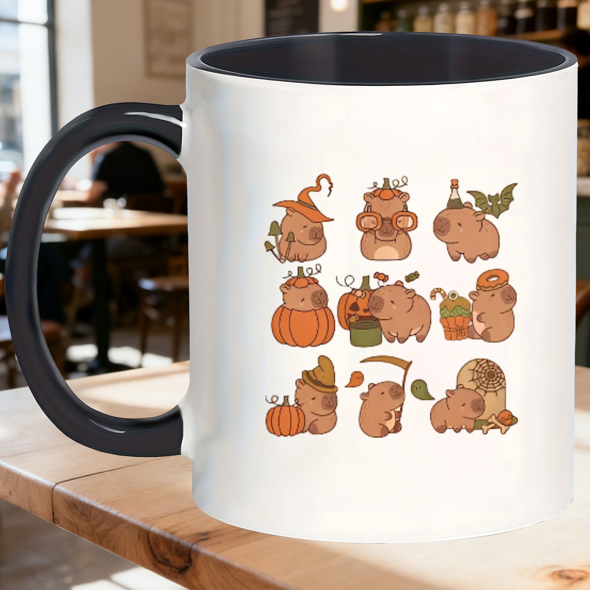 Tailorly Black Accent 11 oz Mug - capybaras and pumpkins