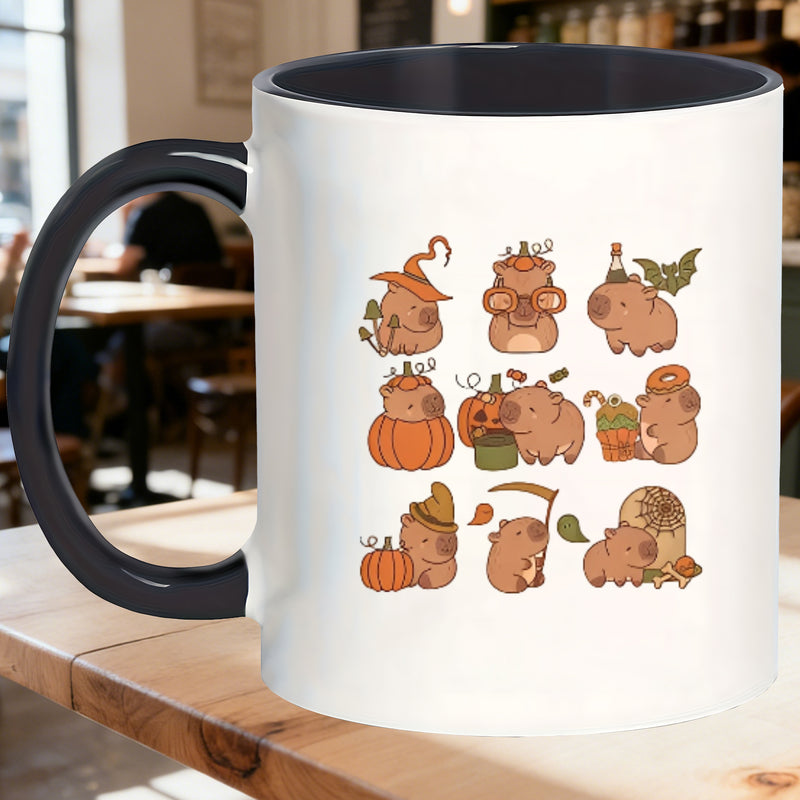 Tailorly Black Accent 11 oz Mug - capybaras and pumpkins