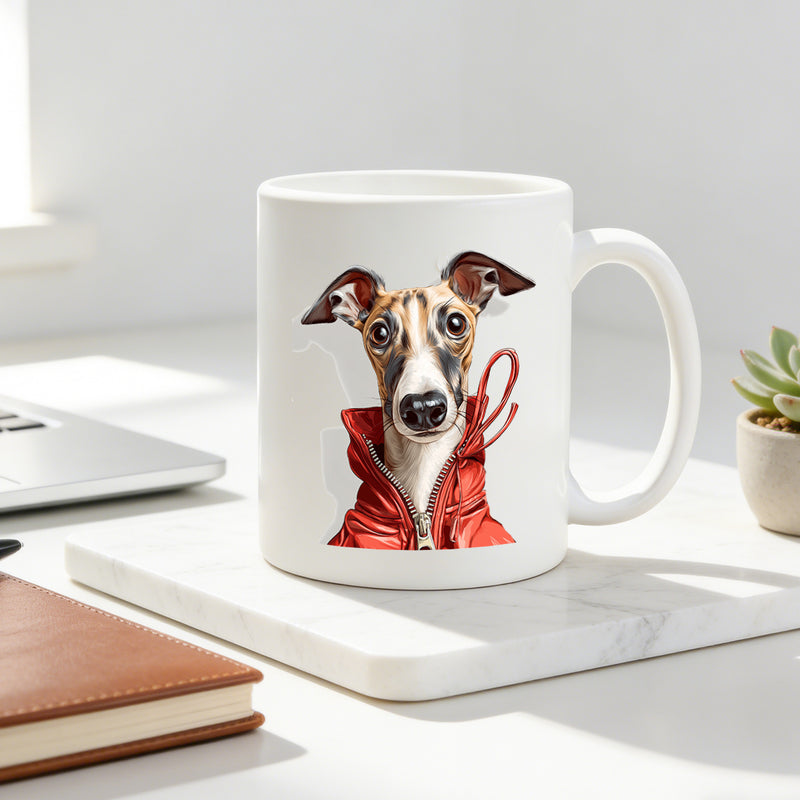Tailorly White Ceramic 11 oz Mug - 11oz stylish ceramic mug featuring a in a red jacket trendy coffee cup for pet enthusiasts great gift for him safe