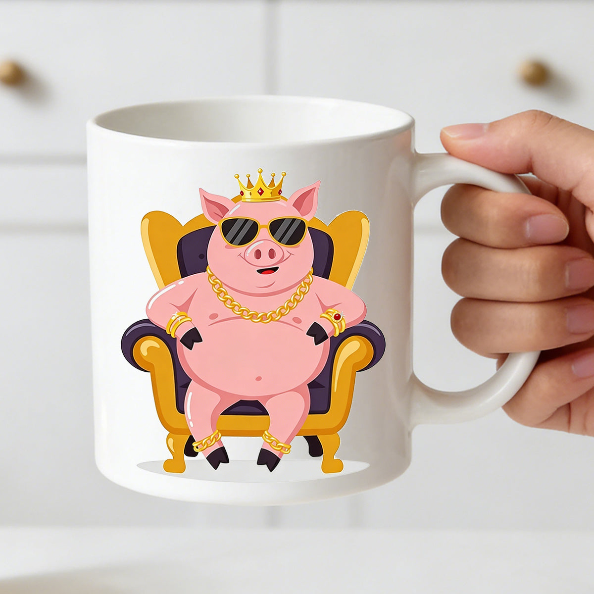 Tailorly White Ceramic 11 oz Mug - hip hop pig with golden chains
