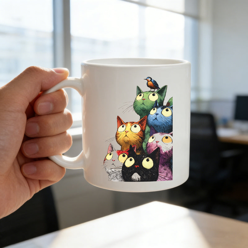 Tailorly White Ceramic 11 oz Mug - watercolor vibrant stacked cats bird