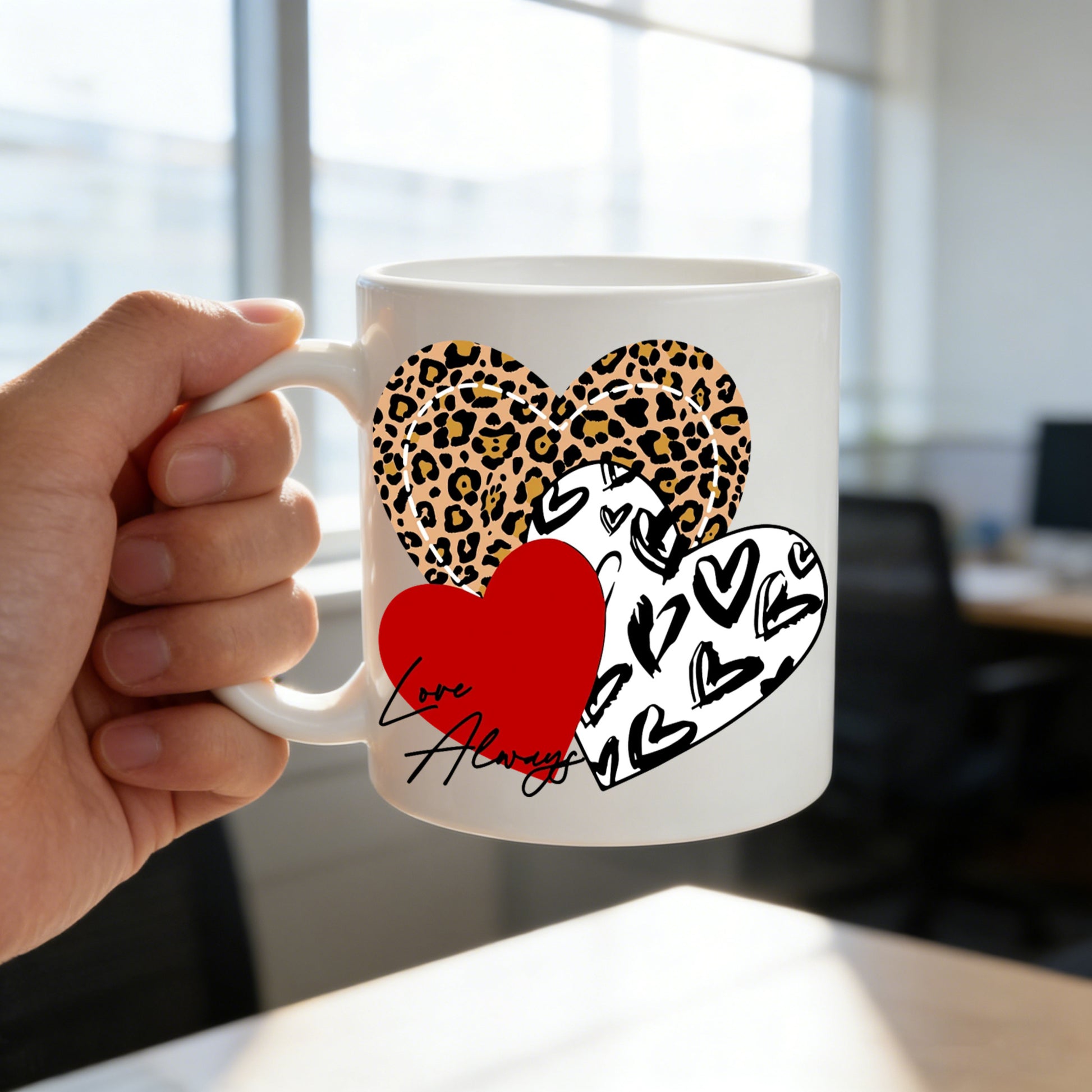 Tailorly White Ceramic 11 oz Mug - leopard print heart