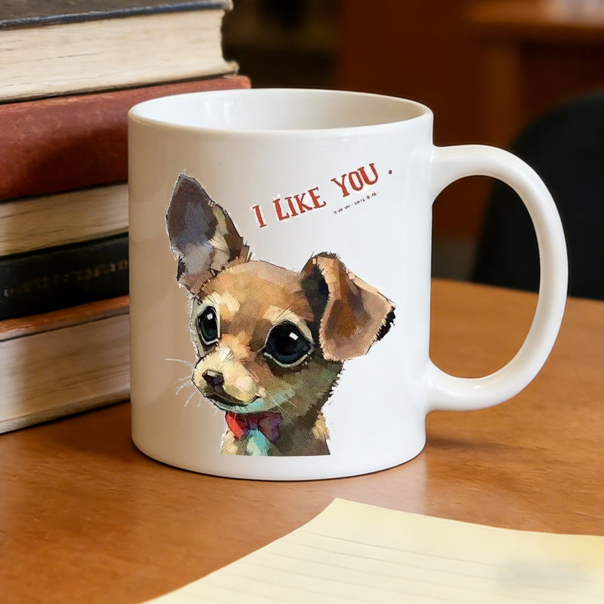 Tailorly White Ceramic 11 oz Mug - cute chihuahua watercolor puppy with bow tie