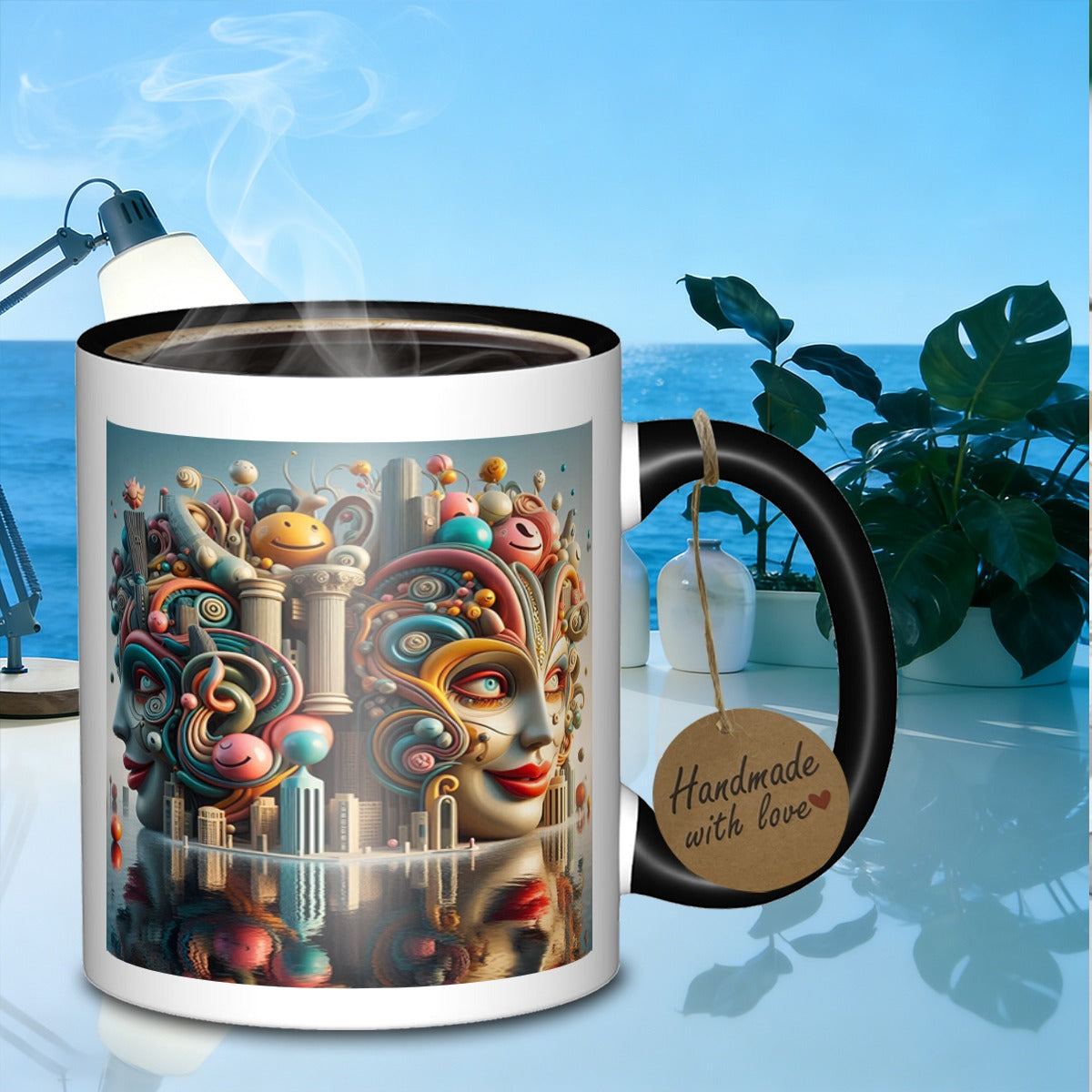 Tailorly Black Accent 11 oz Mug - surreal cityscape faces