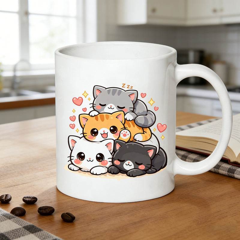 Tailorly White Ceramic 11 oz Mug - stacked kittens with adorable cuddling cats and hearts