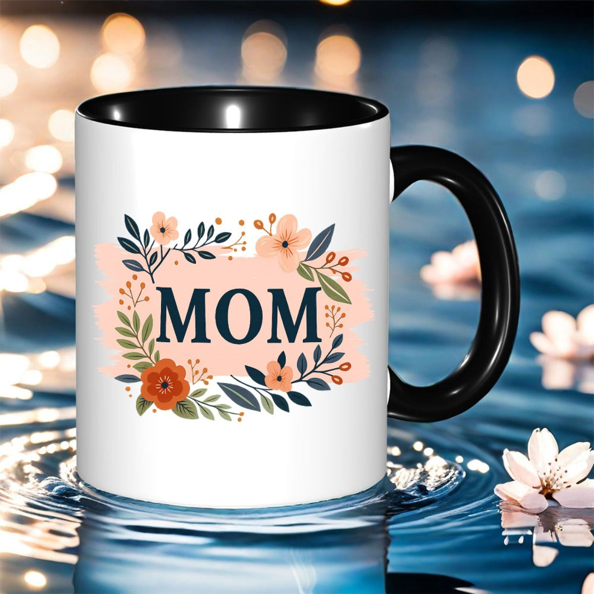 Tailorly Black Accent 11 oz Mug - lettering and floral pattern