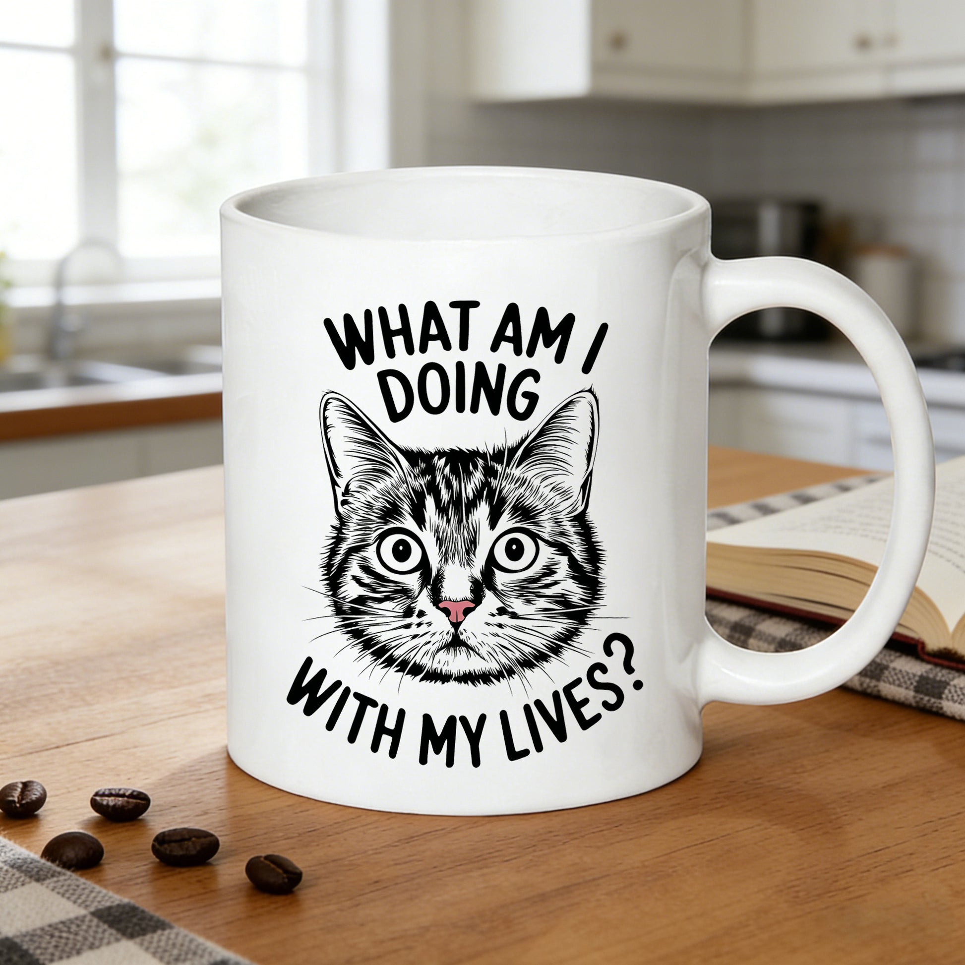 Tailorly White Ceramic 11 oz Mug - text: "what am i doing with my lives"， cat illustration