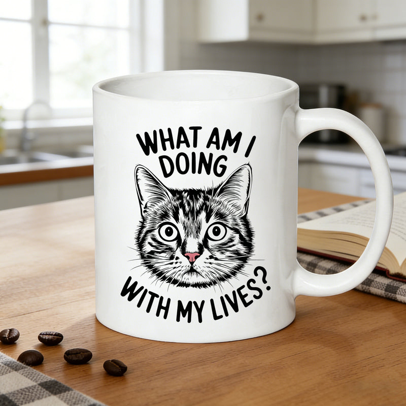 Tailorly White Ceramic 11 oz Mug - text: "what am i doing with my lives"， cat illustration