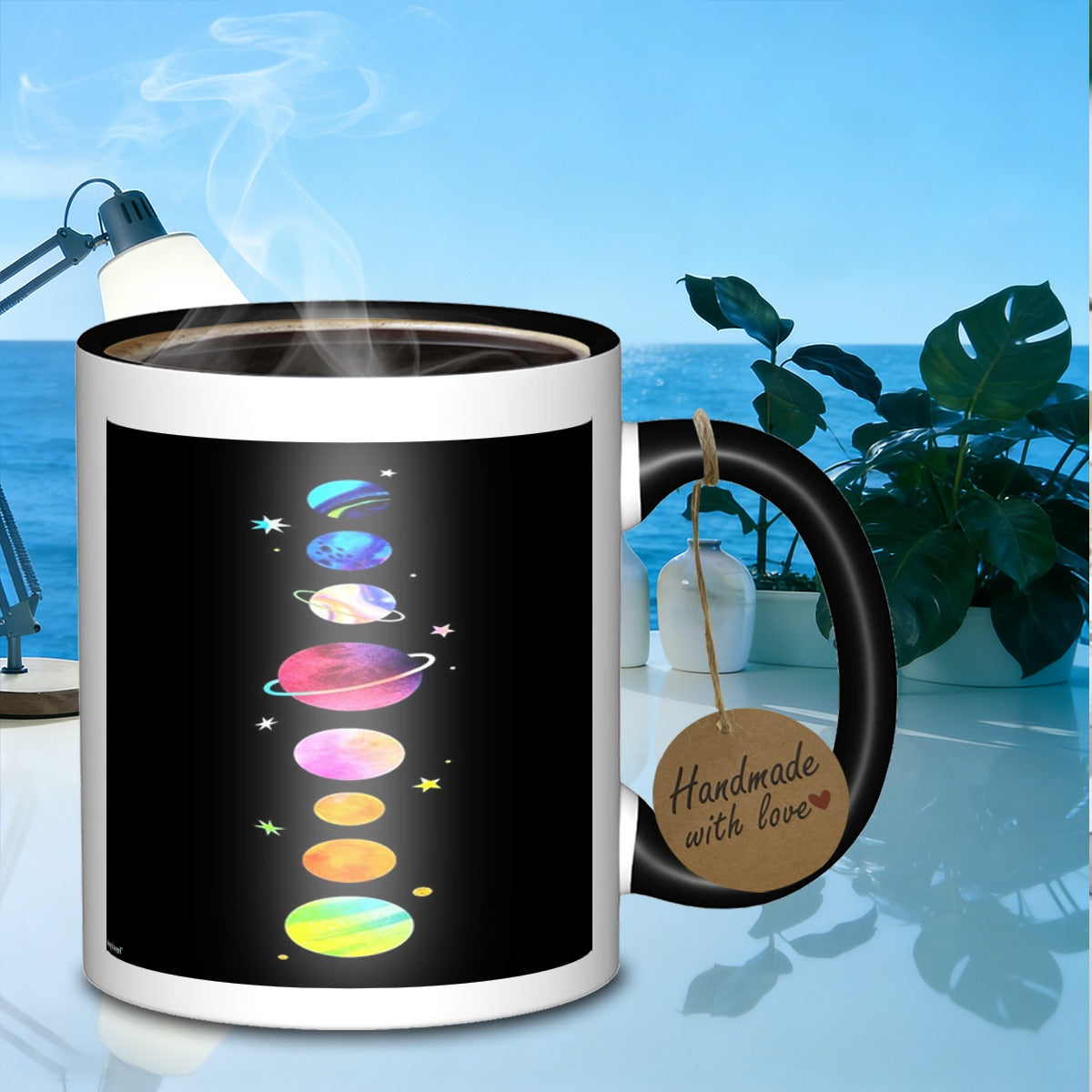 Tailorly Black Accent 11 oz Mug - vibrant celestial bodies and a shiny stoneware cup working office_394b5dacfbc744e7aa4f9af5323193cf