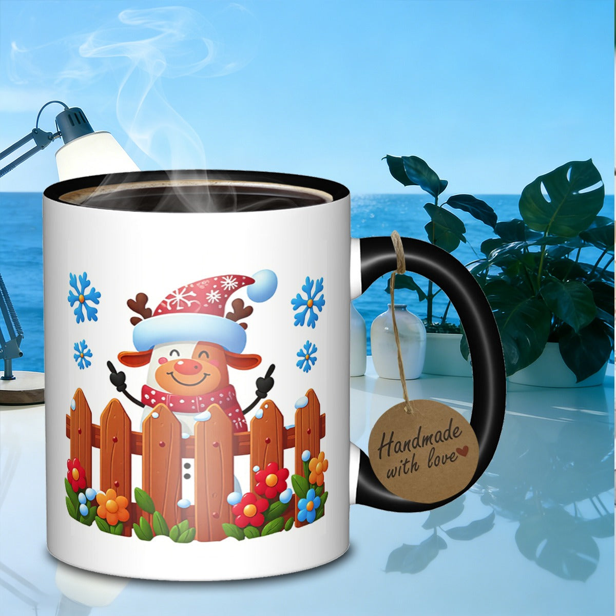 Tailorly Black Accent 11 oz Mug - christmas reindeer behind a fence