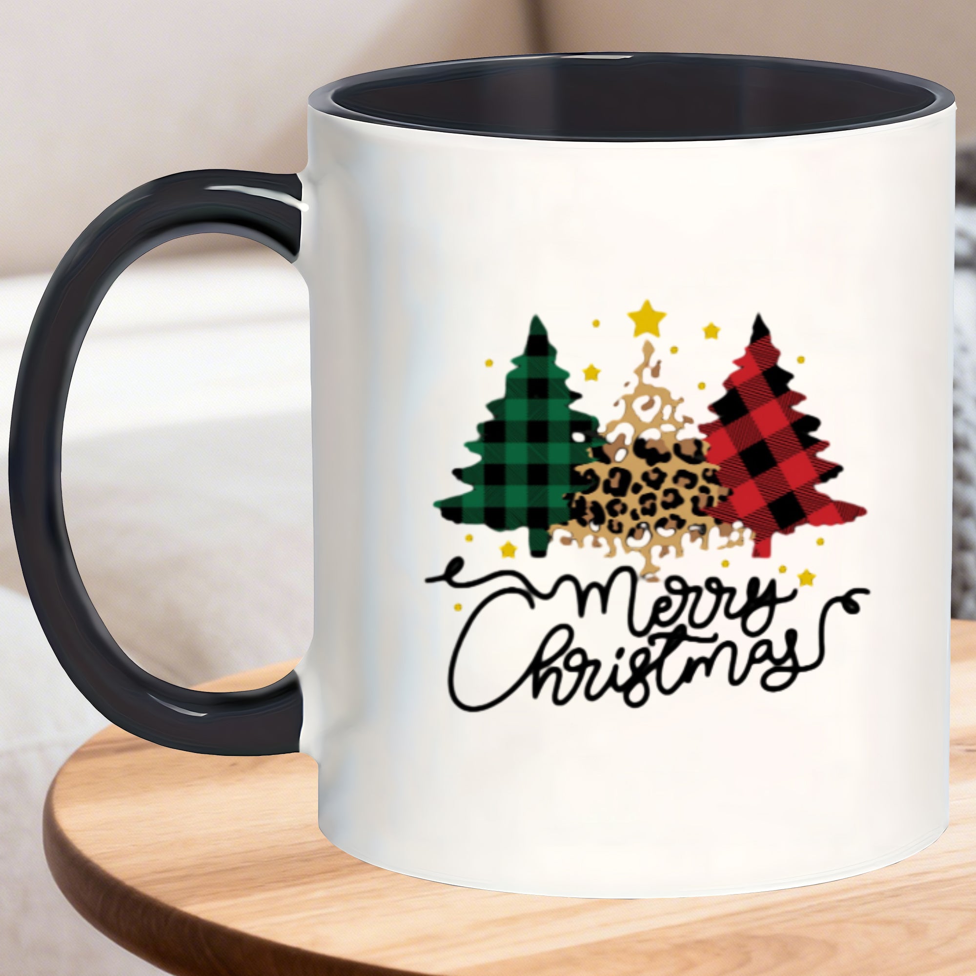 Tailorly Black Accent 11 oz Mug - christmas tree and leopard design