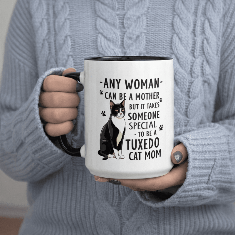 Tailorly Black Accent 11 oz Mug - Any Woman A Mother But It Special to Tuxedo Cat Mom text design with tuxedo cat illustration