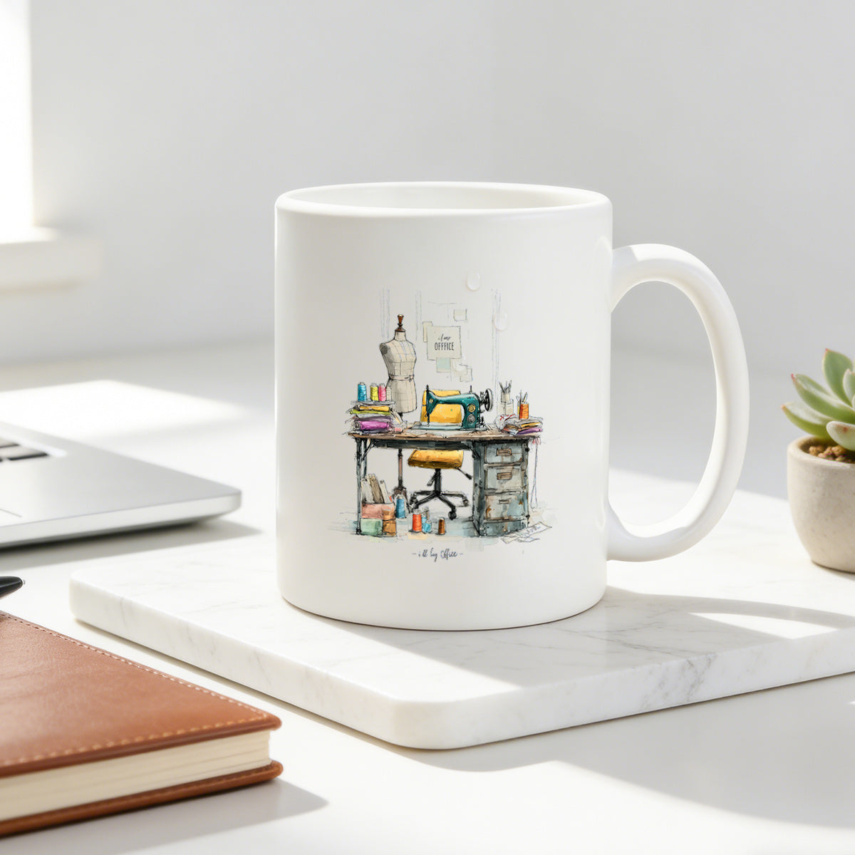 Tailorly White Ceramic 11 oz Mug - vintage sewing machine watercolor art