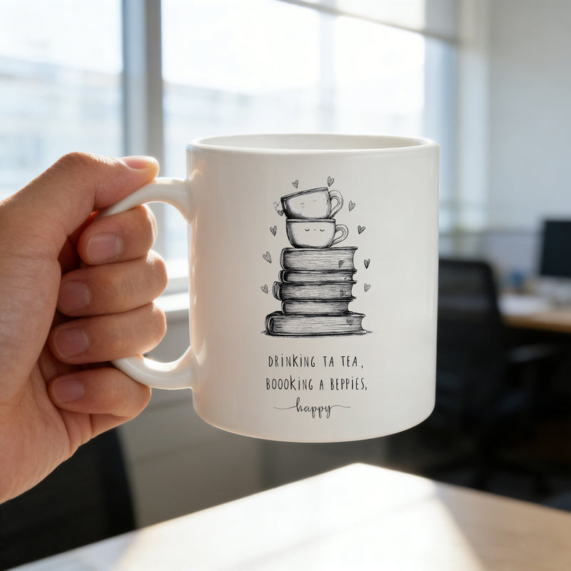 Tailorly White Ceramic 11 oz Mug - cute teacup faces on book stack sketch