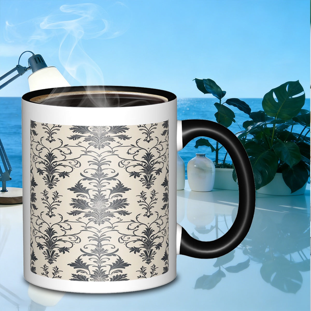 Tailorly Black Accent 11 oz Mug - floral damask repeat pattern