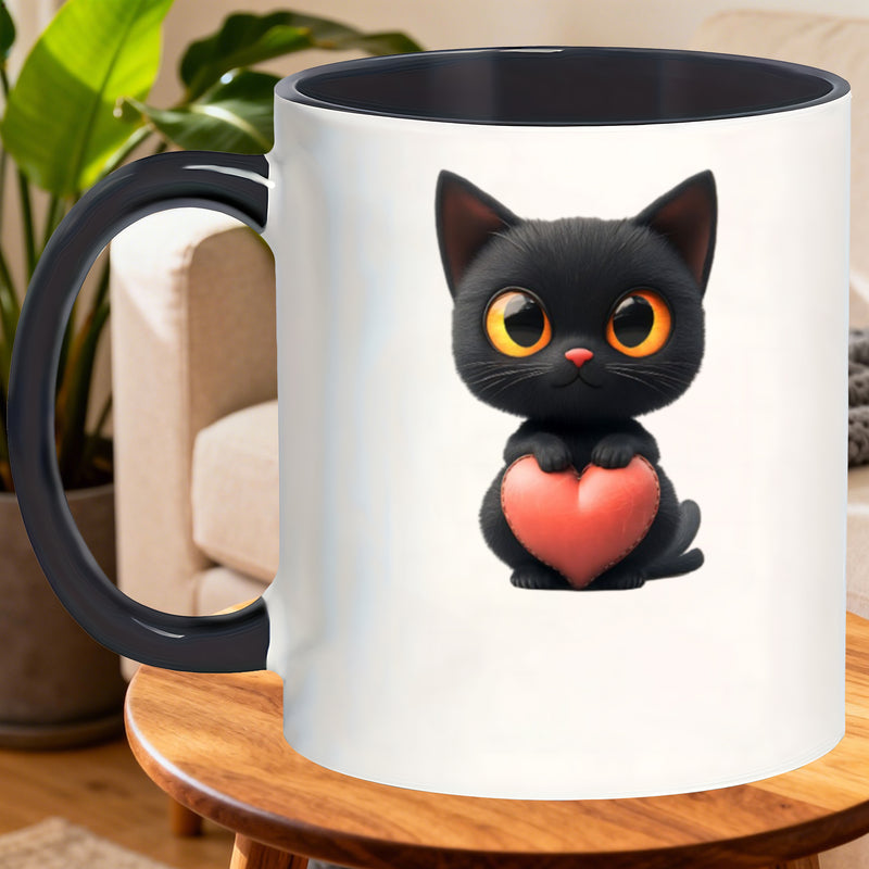 Tailorly Black Accent 11 oz Mug - black kitten face with heart