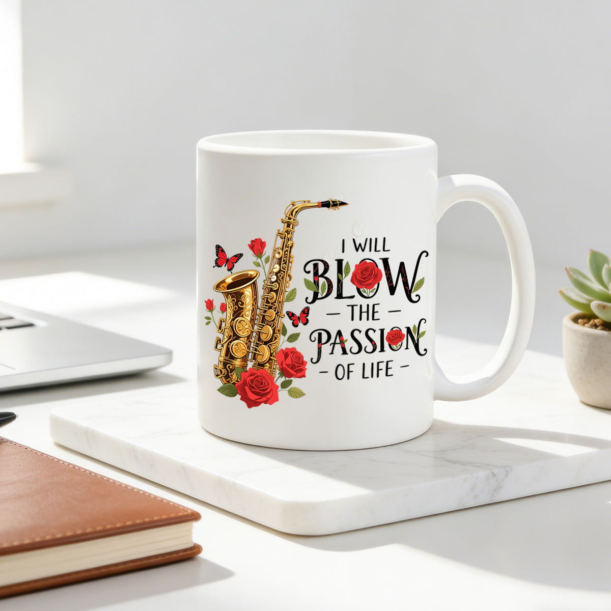 Tailorly White Ceramic 11 oz Mug - saxophone and rose graphic