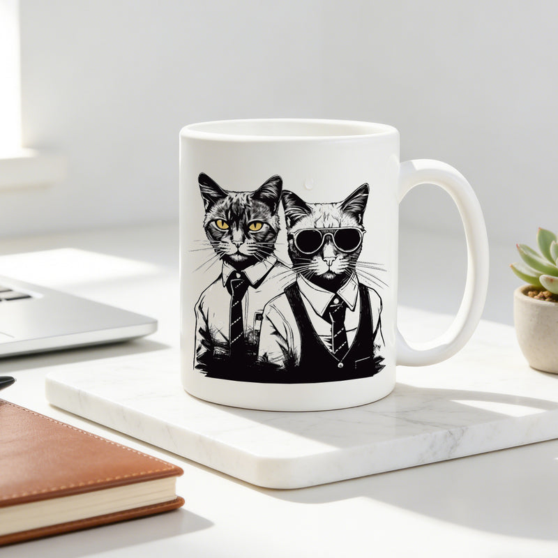 Tailorly White Ceramic 11 oz Mug - business cats with black and white suit and fashion glasses