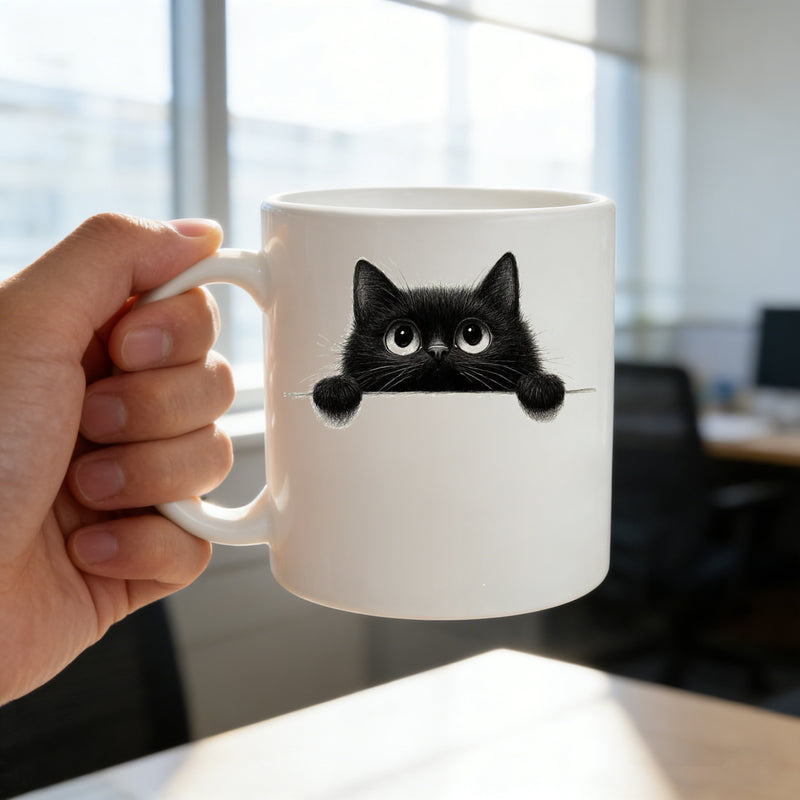 Tailorly White Ceramic 11 oz Mug - black cat kitten