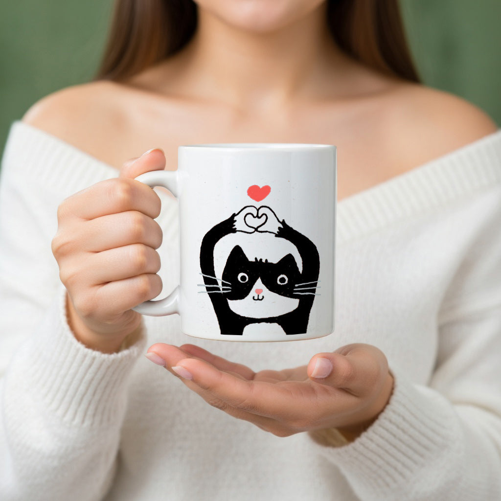 Tailorly White Ceramic 11 oz Mug - cute cat， coffee mug， black white cat， heart