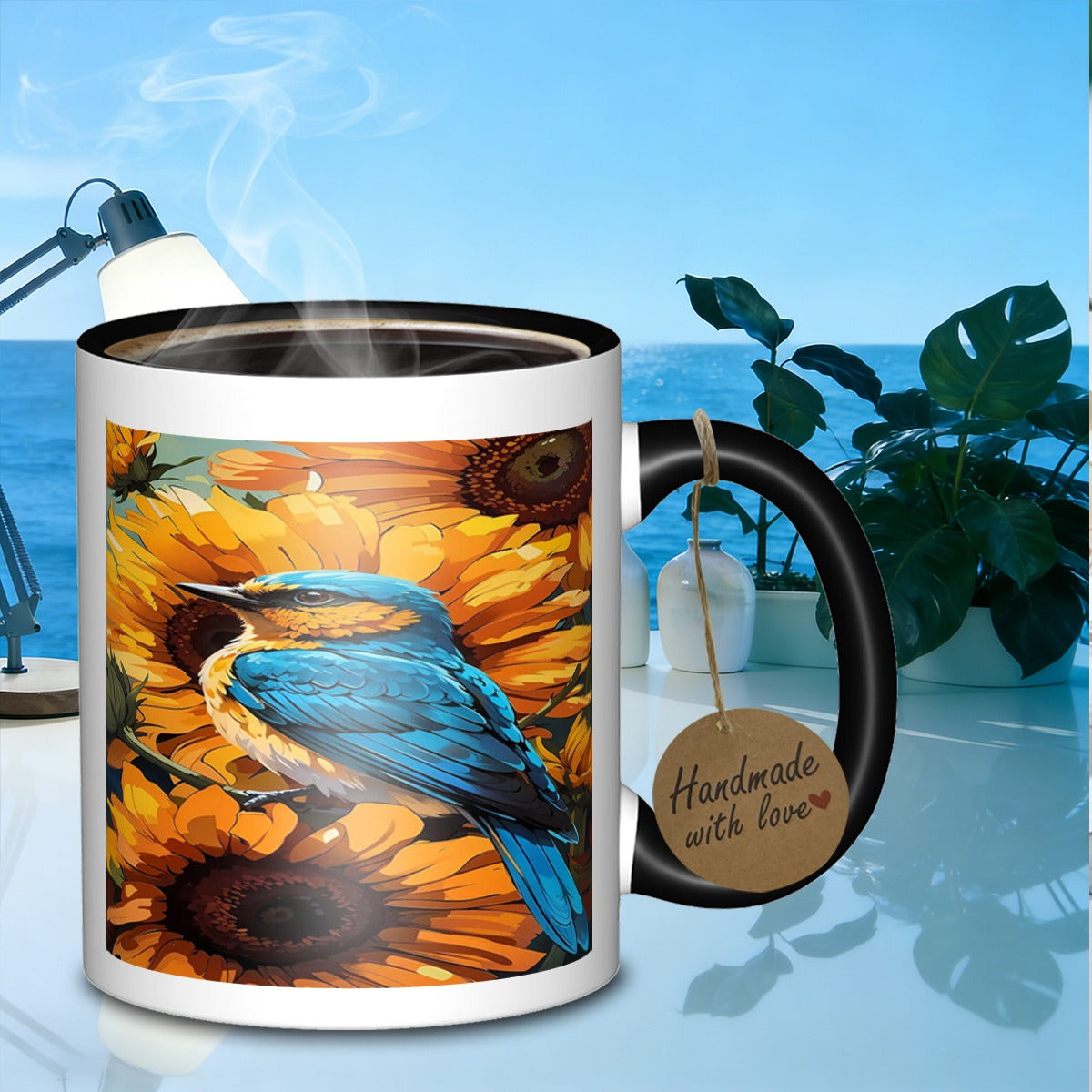 Tailorly Black Accent 11 oz Mug - blue bird sunflower portrait bamboo plain