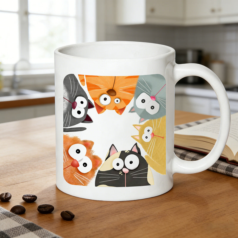 Tailorly White Ceramic 11 oz Mug - peeking cats cartoon cats