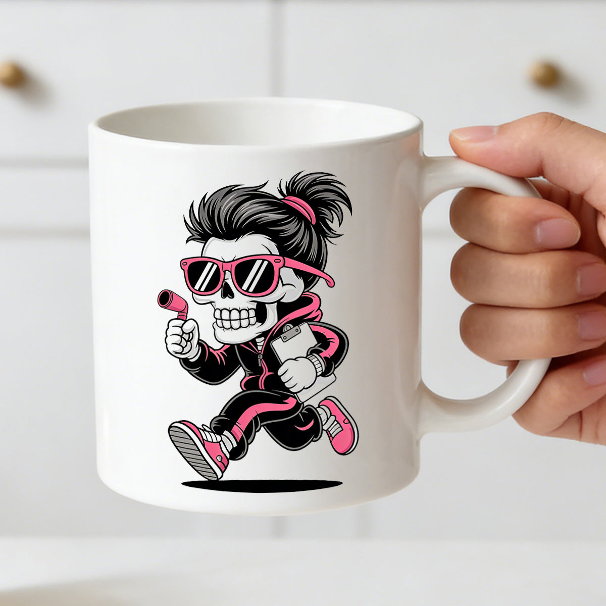 Tailorly White Ceramic 11 oz Mug - skeleton with whistle