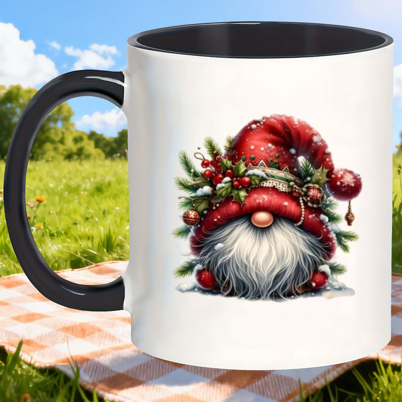 Tailorly Black Accent 11 oz Mug - christmas gnome holly print