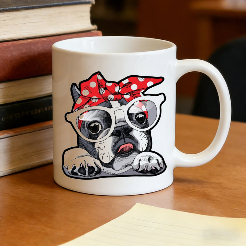 Tailorly White Ceramic 11 oz Mug - boston terrier with red polka dot bandana and glasses