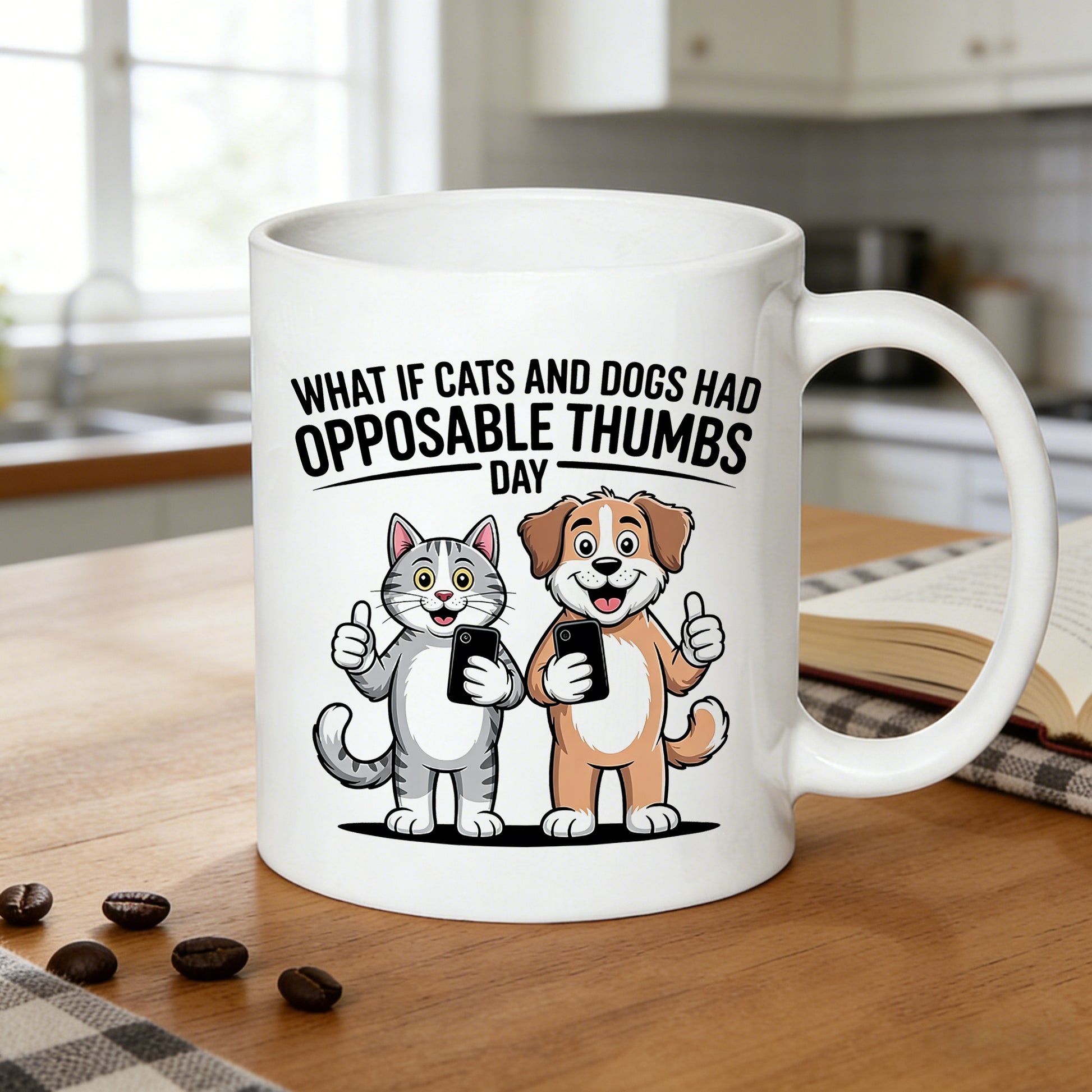 Tailorly White Ceramic 11 oz Mug - cats and dogs cartoon with phones