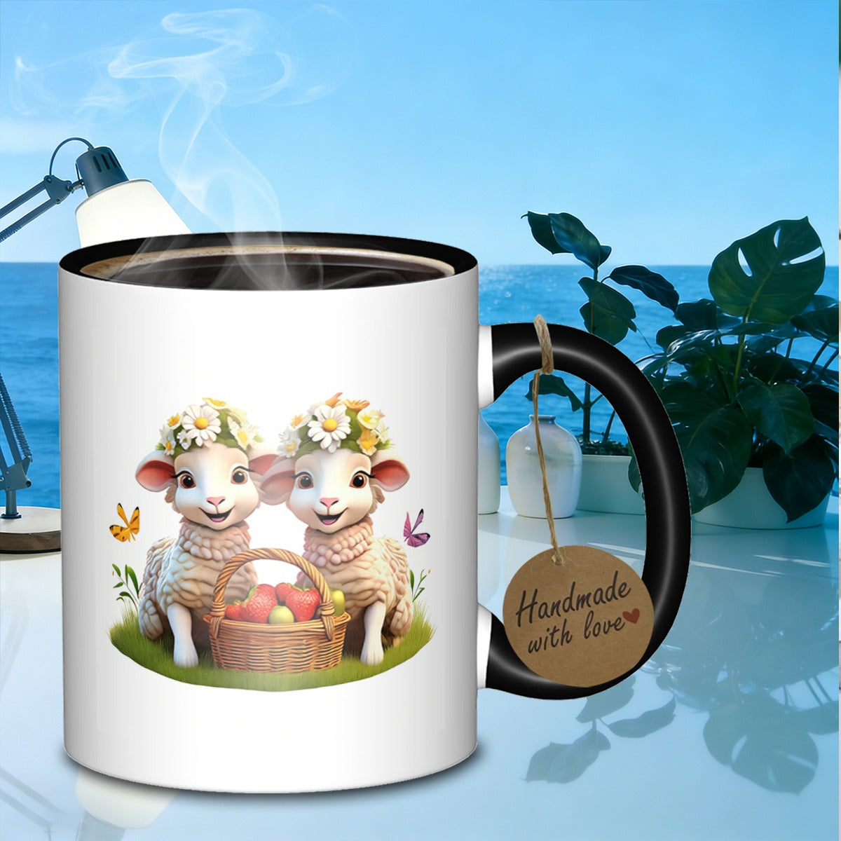Tailorly Black Accent 11 oz Mug - sheep with flowers and a glass mug