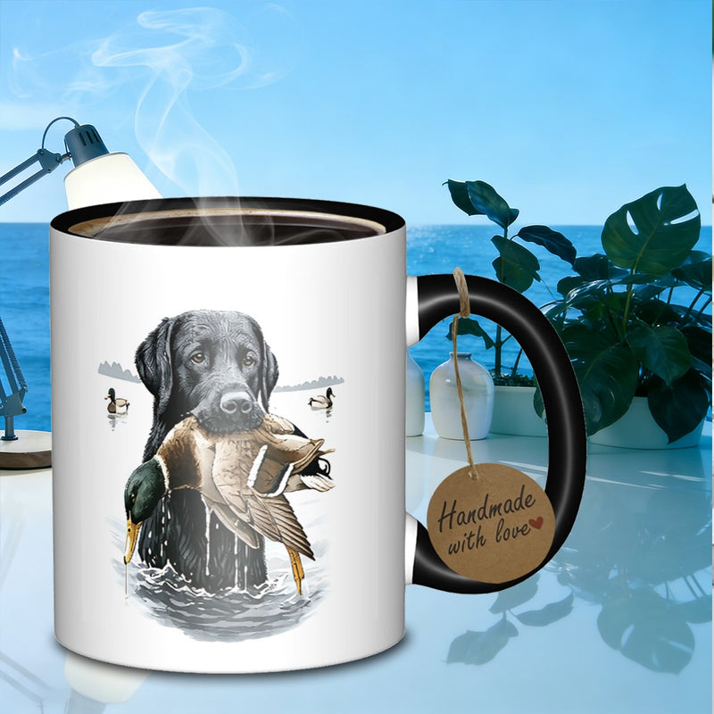 Tailorly Black Accent 11 oz Mug - dog retrieving duck