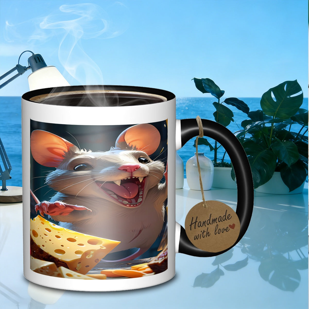 Tailorly Black Accent 11 oz Mug - cartoon mouse and cheese