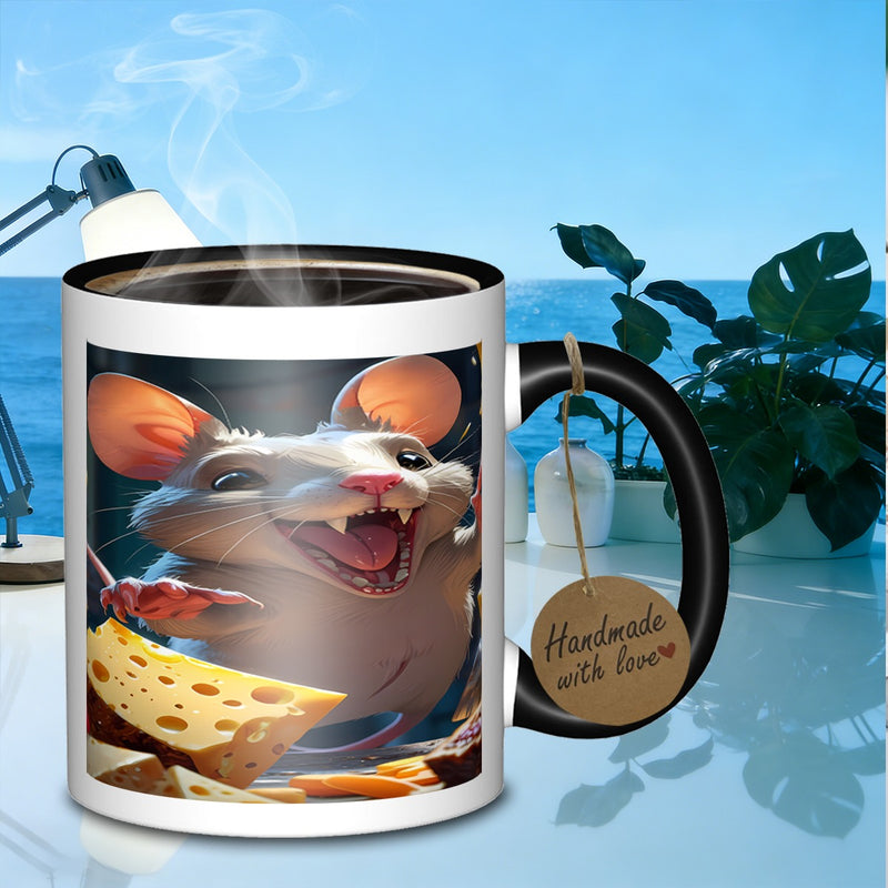 Tailorly Black Accent 11 oz Mug - cartoon mouse and cheese
